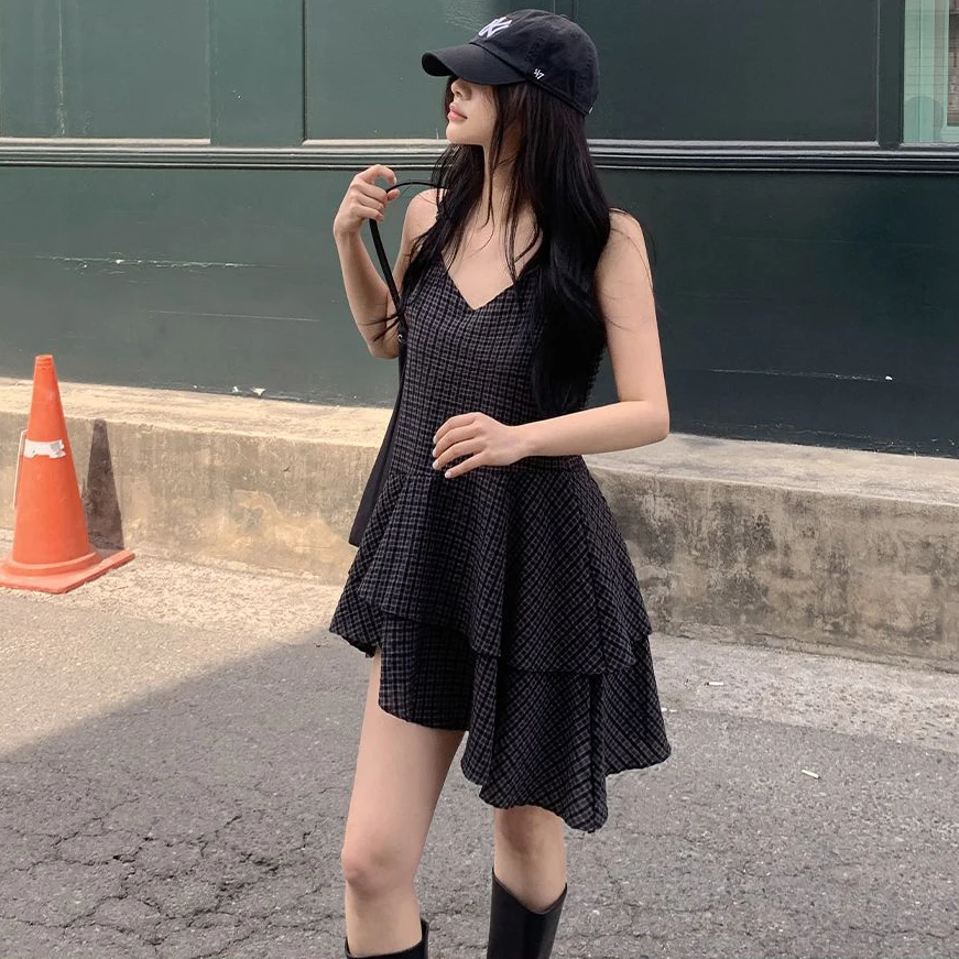 

Summer New Vintage Style Lace Collar Asymmetrical Hem Strap Dress Slimming Women's Dress Korean Style Spring Autumn Winter