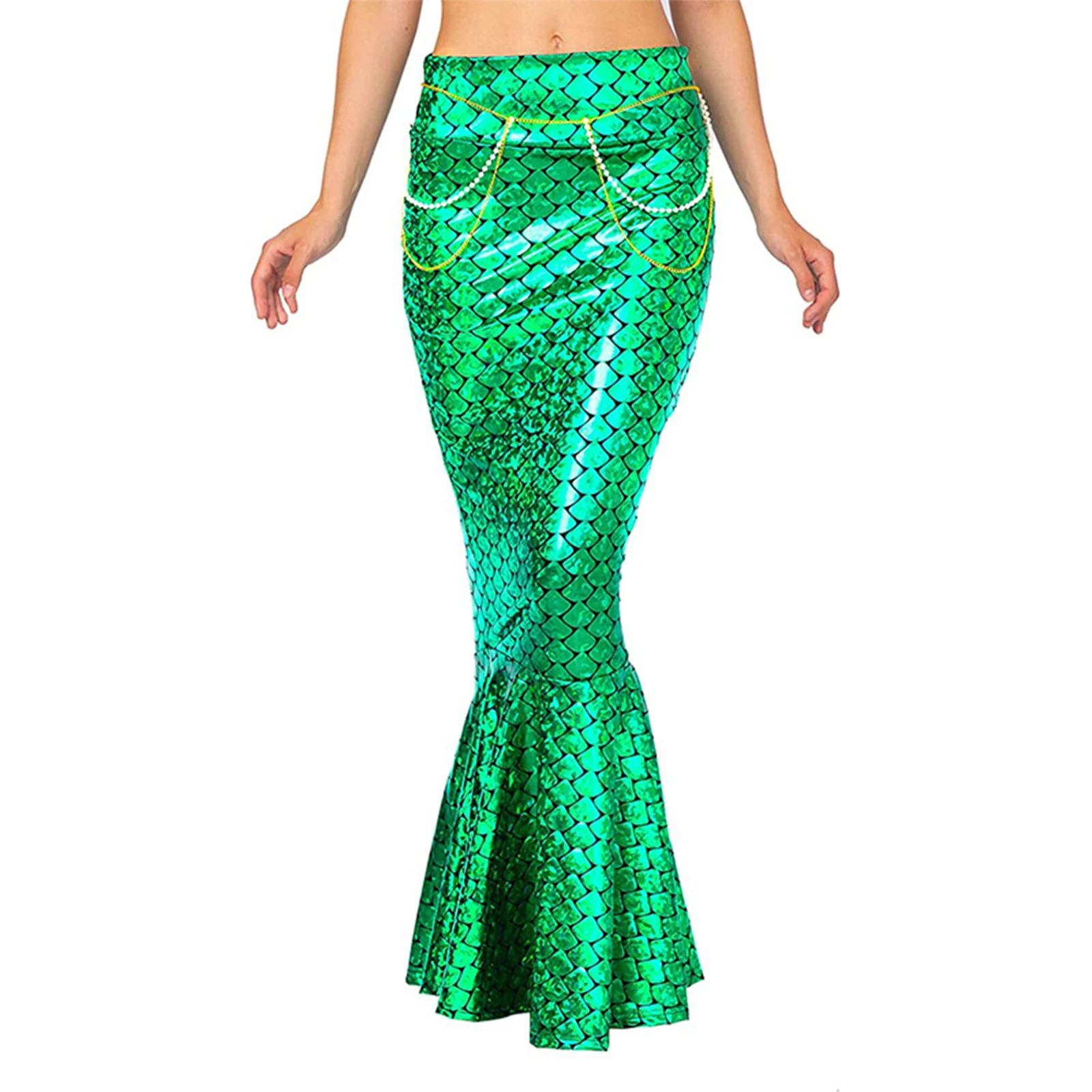 Women's Mermaid Tail Costume Skirt Fish Scale Print Hip Skirt Fancy Halloween Theme Party Ruffle Hem Waist Chain Long Maxi Skirt