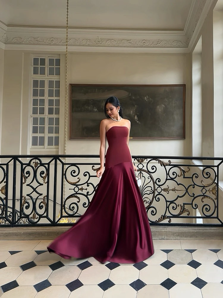 Simple Advanced Cocktail Dress Strapless Dark Red Sleeveless Mermaid For Women Party Formal Occasion Wedding Evening Gown