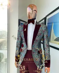 2024 Nieuwste Ontwerpen Bruidsjonkers Bloemen Bordeauxrode Fluwelen Revers Bruidegom Smoking Heren Trouwjurk Mannelijke Prom Diner Party Blazer