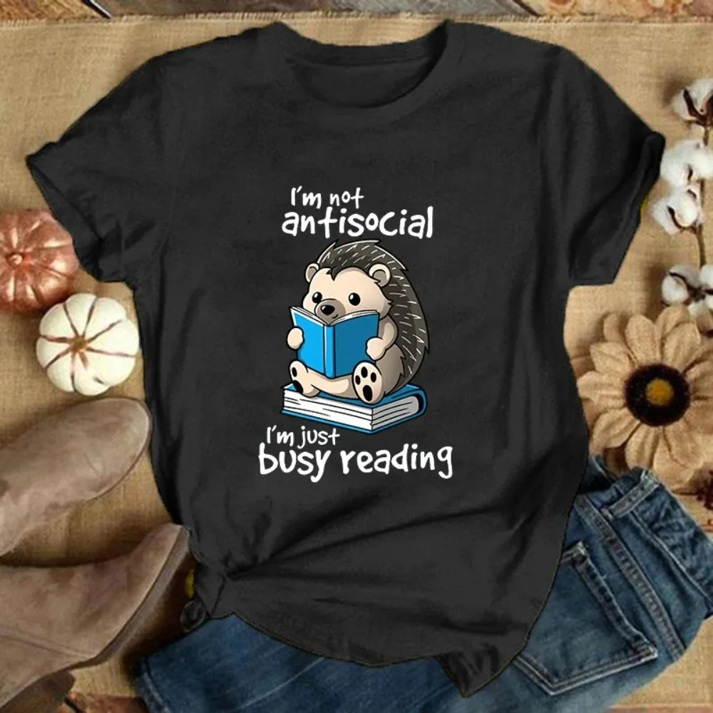 I'M Not Antisocial I'M Just Busy Hedgehog Reading Print T-Shirts For Women Summer Short Sleeve Round Neck Top