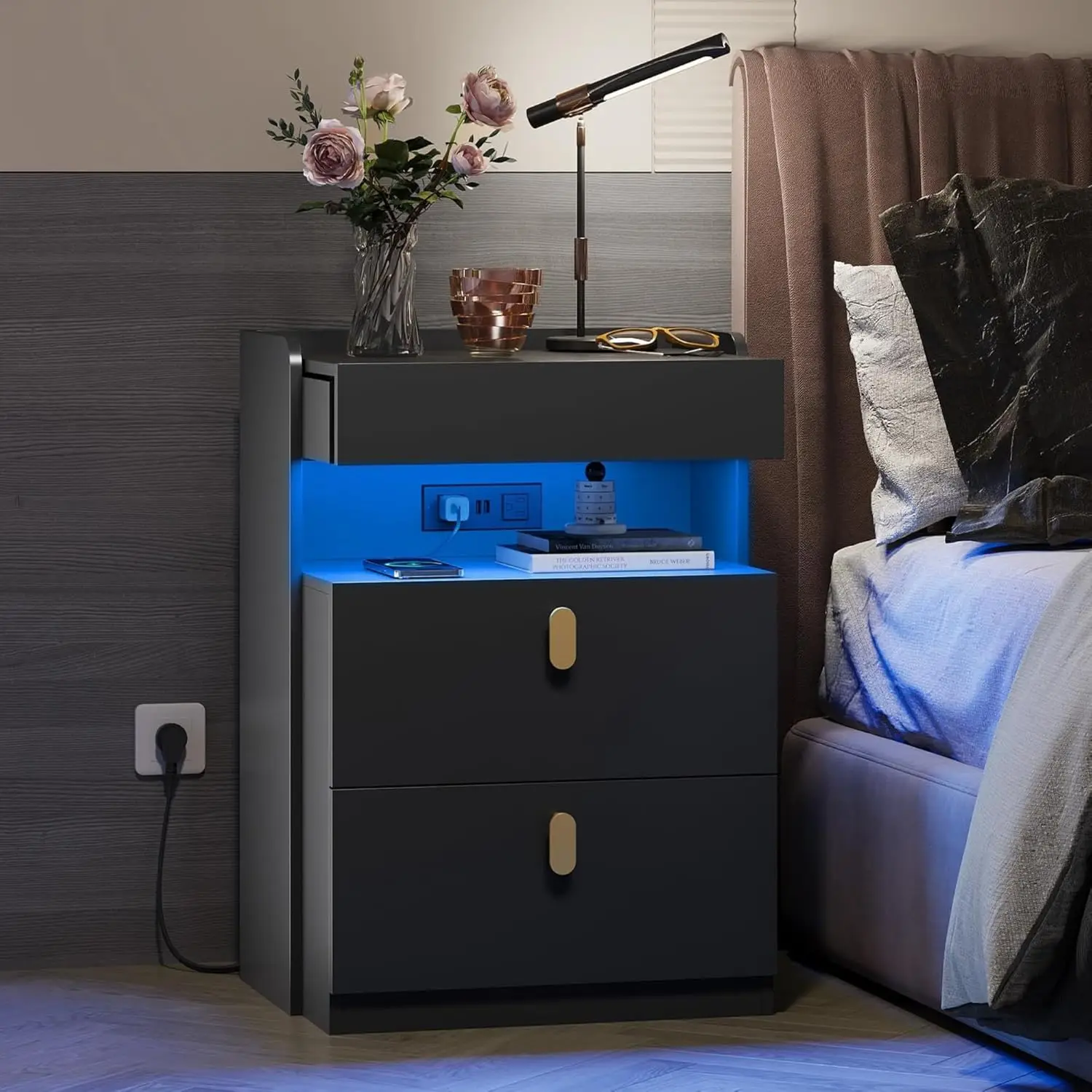 

LED Nighstand with Charging Station, Night Stand with Sliding Top and 2 Drawers, Modern Bedside Table End Tables, Customized