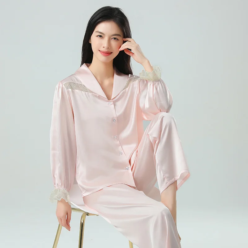 

Женский шелковый пижамный комплект из 100% тутового шелка, мягкая одежда для сна, милый кружевной топ с длинными рукавами и брюками, одежда для дома из 2 предметов, пижамный костюм, пижама