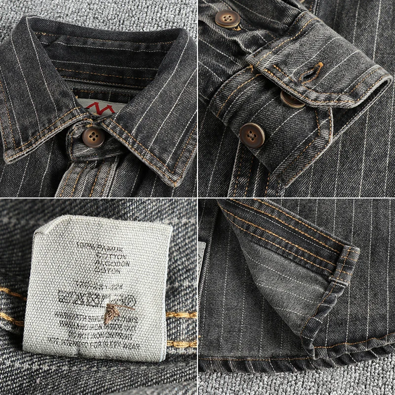 British Retro Black Gray Striped Washed Denim Shirt for Men Heavyweight Autumn American Vintage Workwear Pockets Shirt Coats