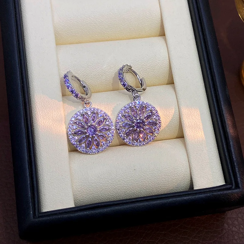 جولة قلادة زهرة هوب أقراط للنساء فضية اللون الوردي الأرجواني الزركون الأذن مشبك الزفاف حفل زفاف مجوهرات متعددة الاستخدامات #5