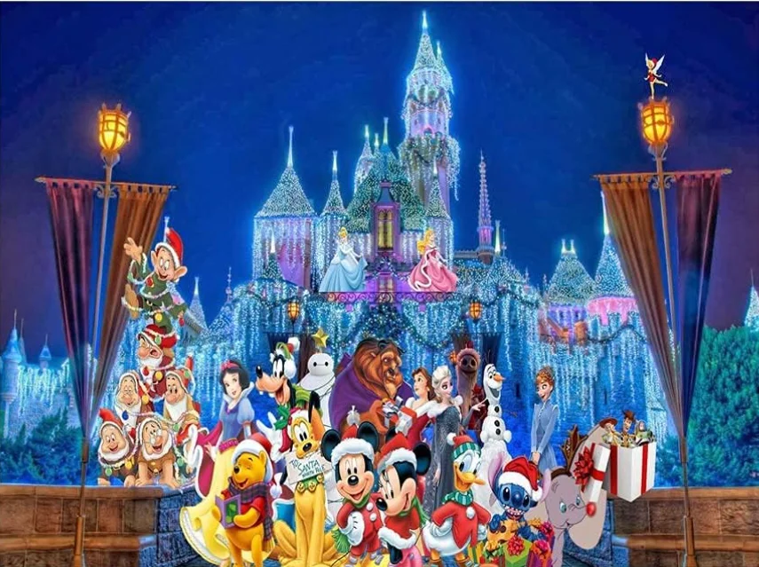 Winter Ice Disneyland Castle Backdrop for Christmas Classic Glitter Disneyland World with Character Happy Birthday Background