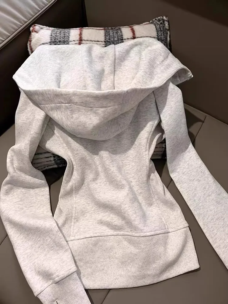 American Sle ey Slim Fit Hoodie Jaet Women's Autumn Winter Inner Wear Outer Wear Waist Cinch Slimming Zipper Open Cardigan