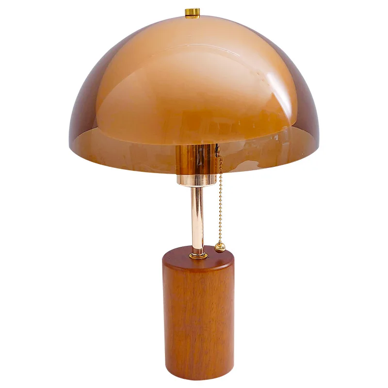 Mushroom Table Lamp Retro Wood Base Bedside Lamp Flicker-Free Dome Shade Desk Lamp for Bedroom Living Room Decor