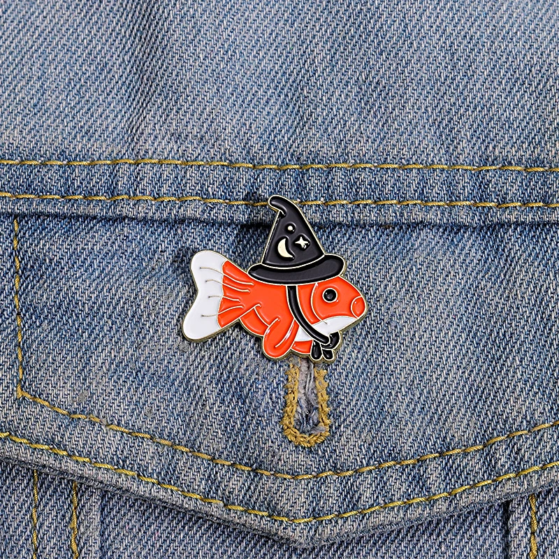 Magic Fish Enamel Pins Funny Fishes with Magical Hat Brooches Metal Decorative Lapel Badges for Backpack Clothes Accessories