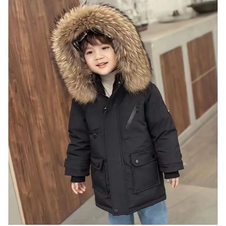 Children\'s cotton coat winter new style plus velvet thickened down jacket boys fur collar hooded warm cotton coat fashion jacket