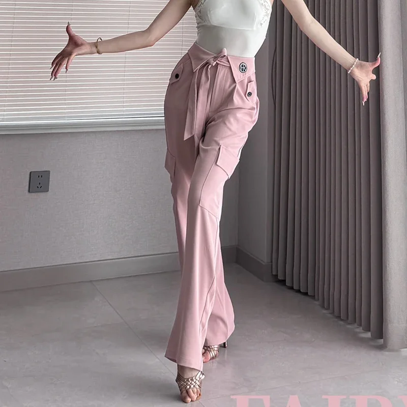 Pink/Black Latin Dance Pants Women Ballroom Dance Performance Clothes Straight Strap Waist Trousers Practice Dance Wear