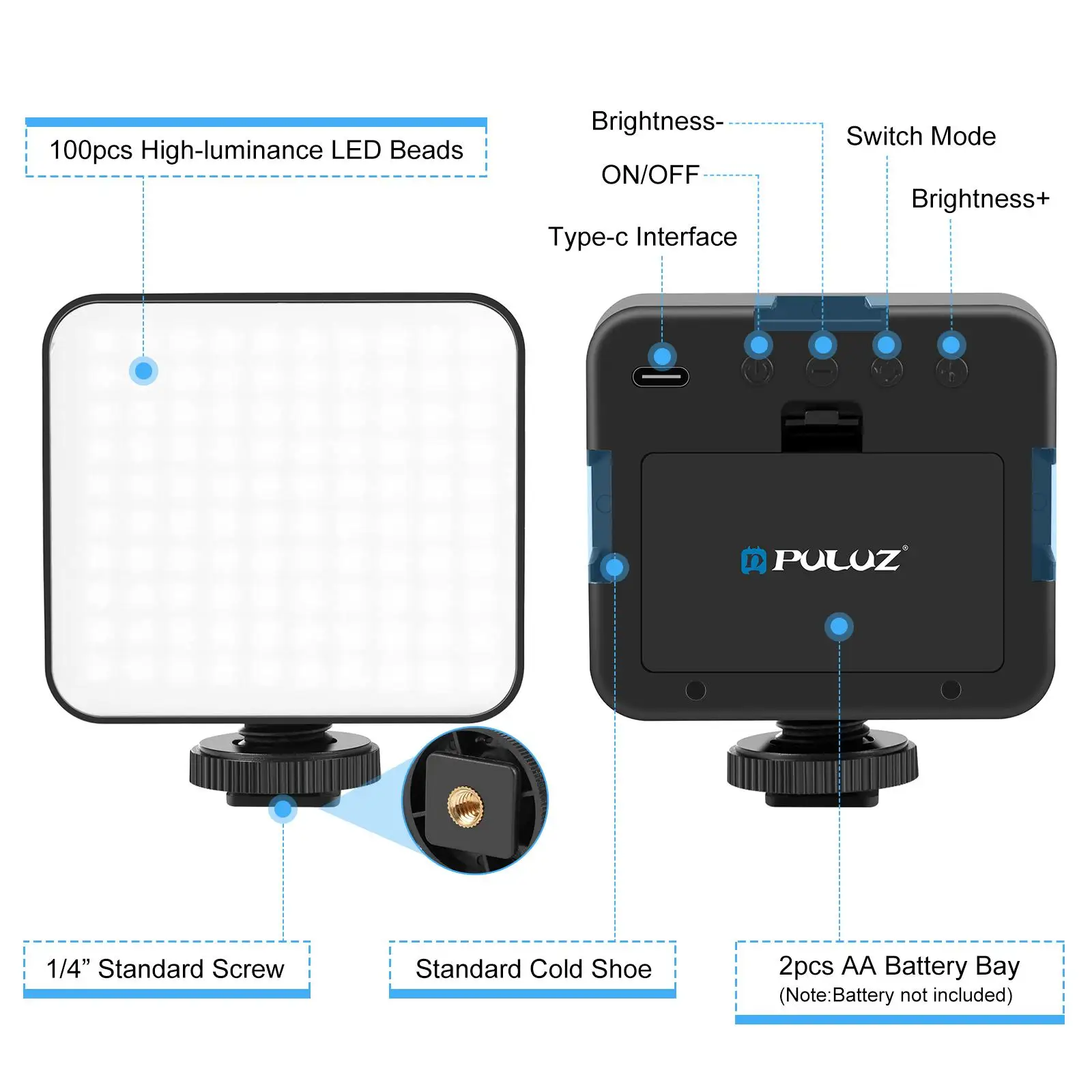 PULUZ 100 LED 5W 3-color 2900-6500K درجة حرارة قابلة للتعديل فيديو الربط 240LM ملء الضوء للكاميرا/كاميرا الفيديو