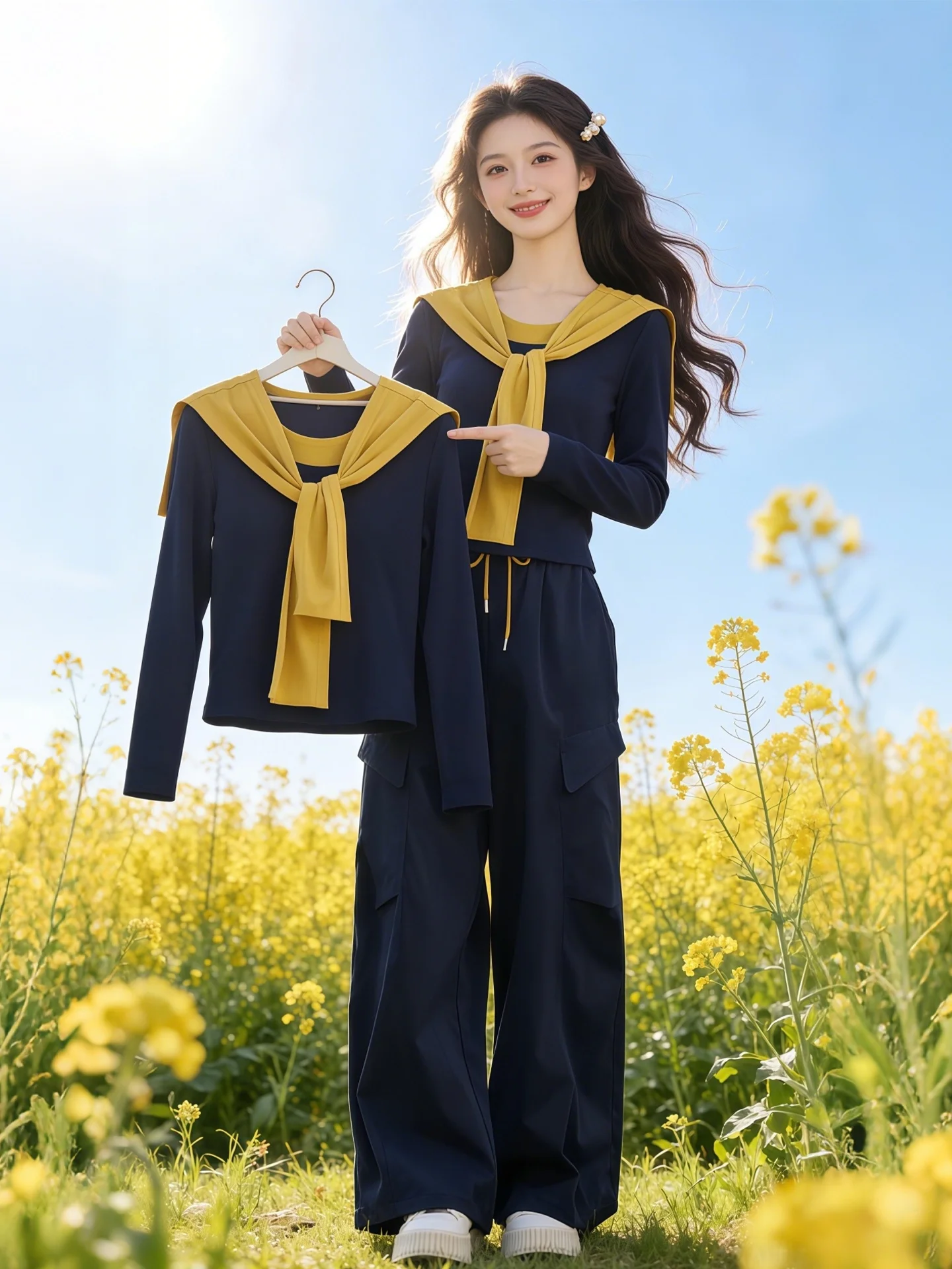 

Непринужденный женский комплект из двух предметов: топ с длинными рукавами в стиле колор-блок и брюки с широкими штанинами, повседневный модный ансамбль для весны и осени