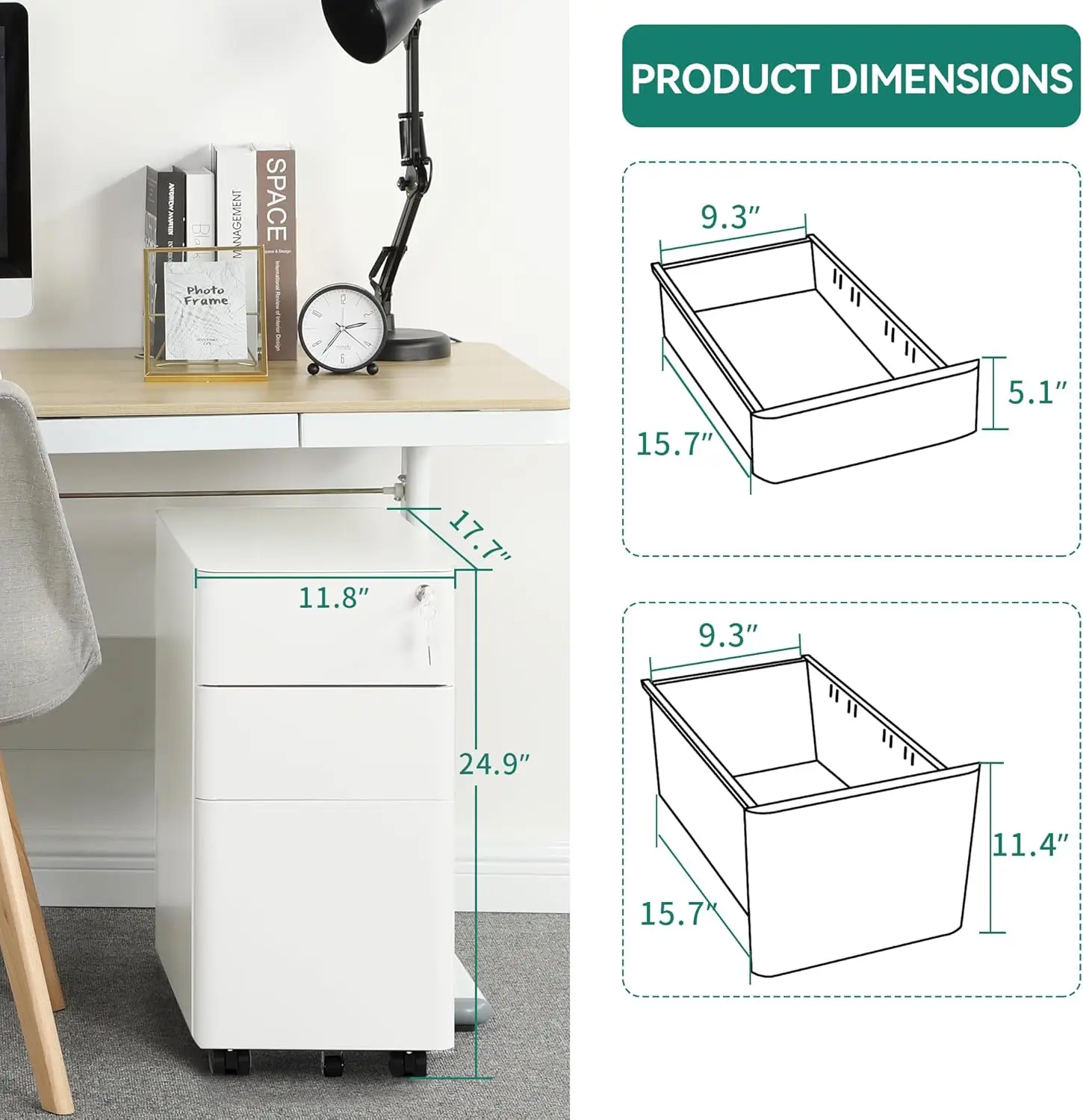 3-Drawer Metal Filing Cabinet with Keys, Compact Slim Portable File Cabinet, Pre-Built Office Storage Cabinet for A4