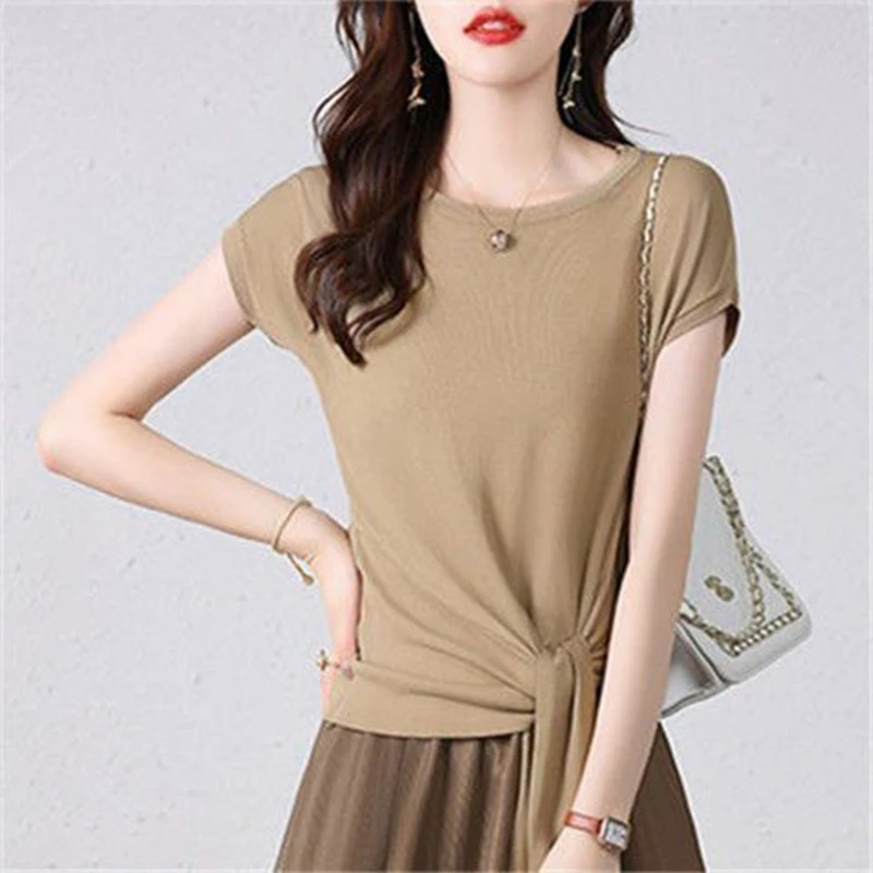 Summer Oversized Korean Fashion Bow Lace Up Tee Tops Women\'s Elegant Skirts Set Ladies Slim T-shirt Temperament Mesh Skirt Suit