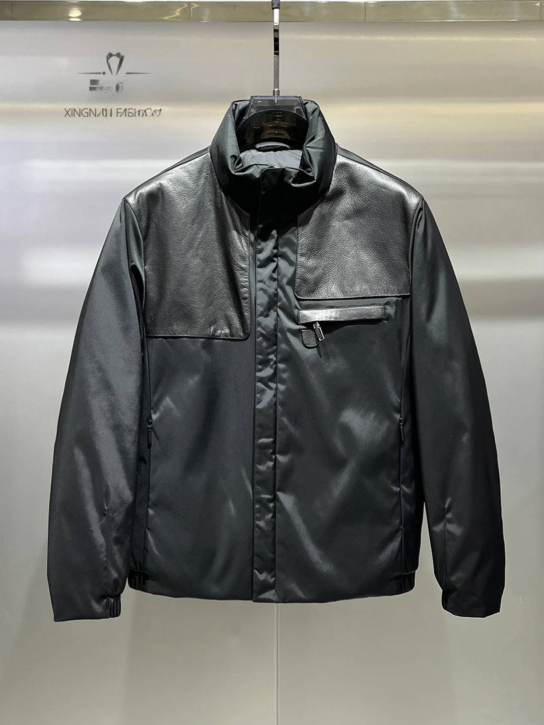 

Men's Winter Puffer Jaet Luxury Leather Splicing Stand Collar Du down Busin Casual Slim Fit Faionable Warm Coat