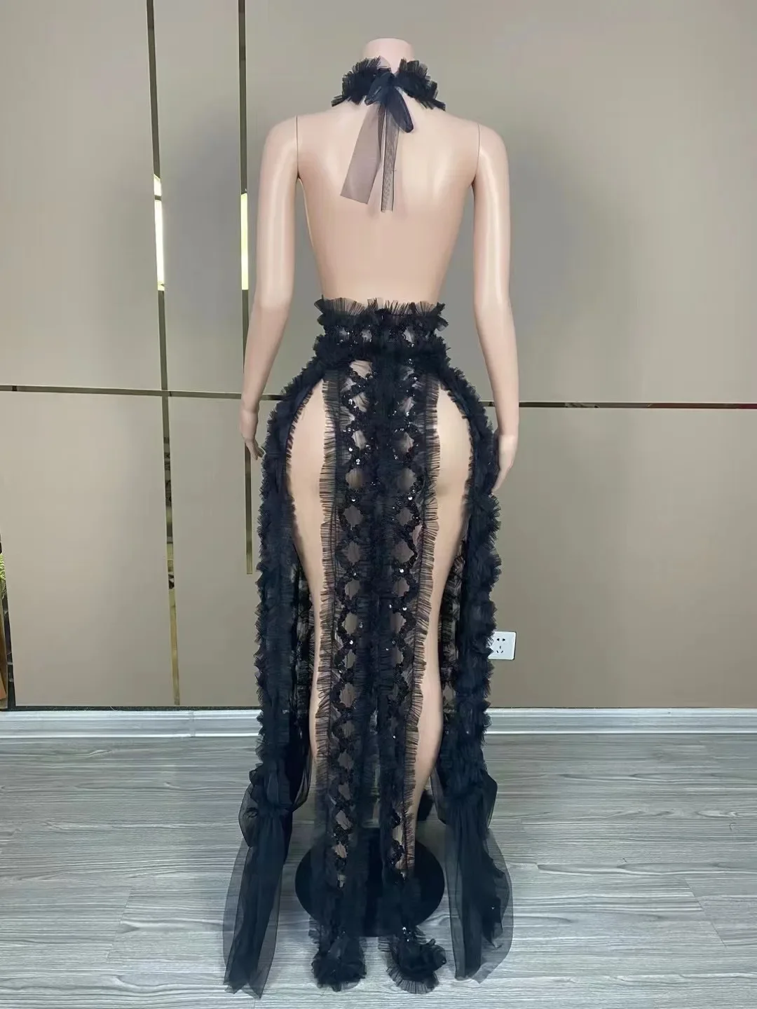 Sexy Stage Black Red Mesh Backless Dress Transparent Performance Outfit Birthday Party Photo Shoot Collections Gowns