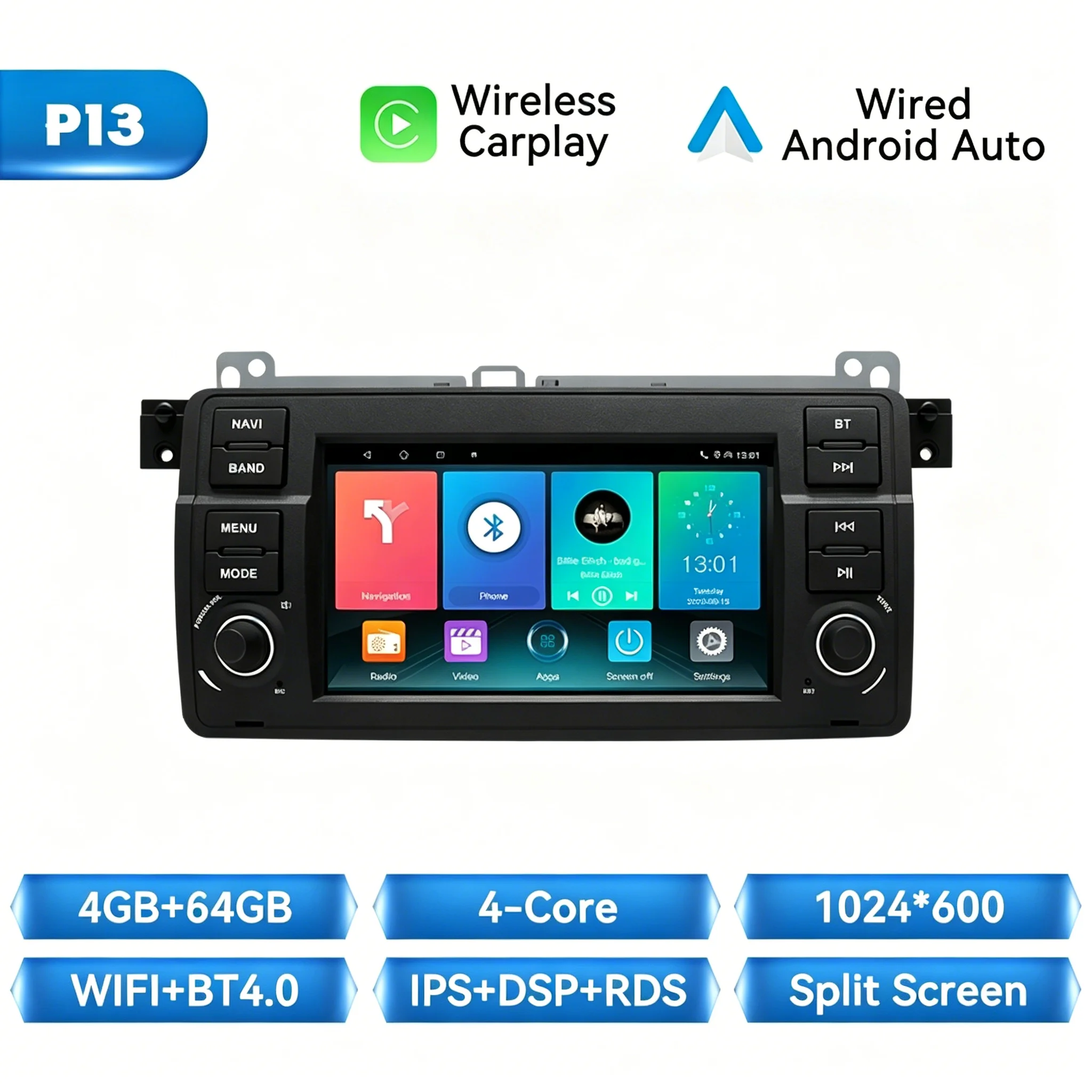 Android 14 autoradio met draadloze CarPlay en Android Auto voor BMW E46 M3 318i 320i 325i 330i 335i Rover 75 Coupé, ingebouwde DSP, GPS navigatie, IPS stereo, multimediasysteem, Bluetooth, WiFi,