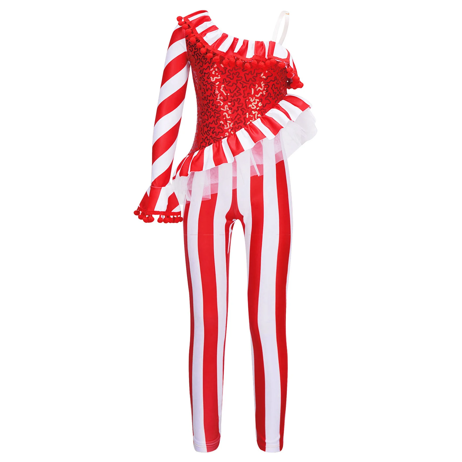 Kids Girls Candy Cane Dance Bodysuit Christmas Jumpsuit One Shoulder New Year Holiday Xmas Santa Cosplay Costume Dancewear