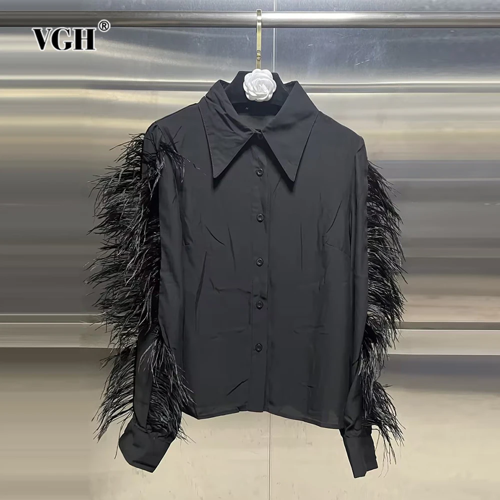 

VGH Patchwork Feather Casual Shirt For Women Lapel Collar Long Sleeve Minimalist Loose Solid Blouses Female Fashion Style New