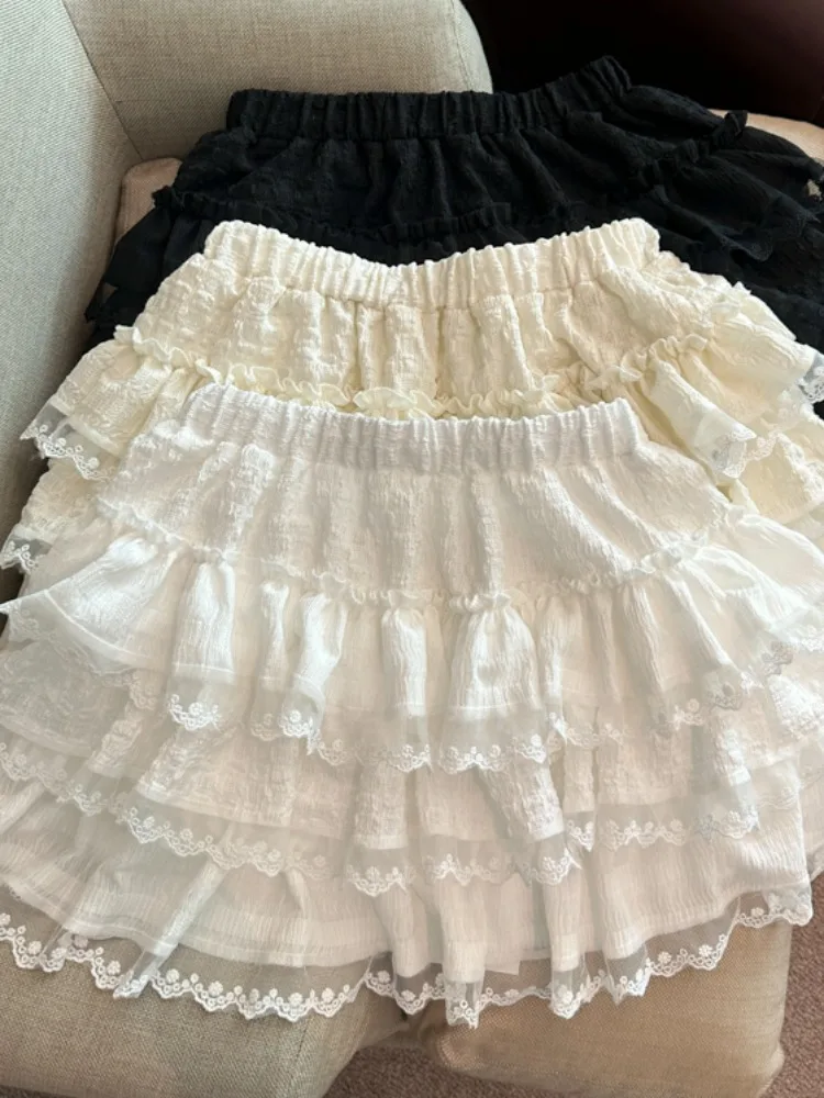 

Юбка-клеш с высокой талией для женщин, балетная, стройнящая, А-силуэт, внутренняя юбка, эластичный пояс, кружевная отделка, для повседневной носки, в корейском стиле