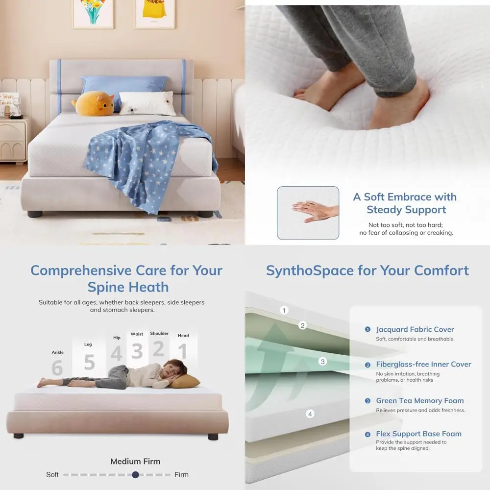 6 Inch Medium Firm Green Tea Memory Foam Mattress Twin XL, Fiberglass-Free, CertiPUR-US Certified, Cool Sleep Support