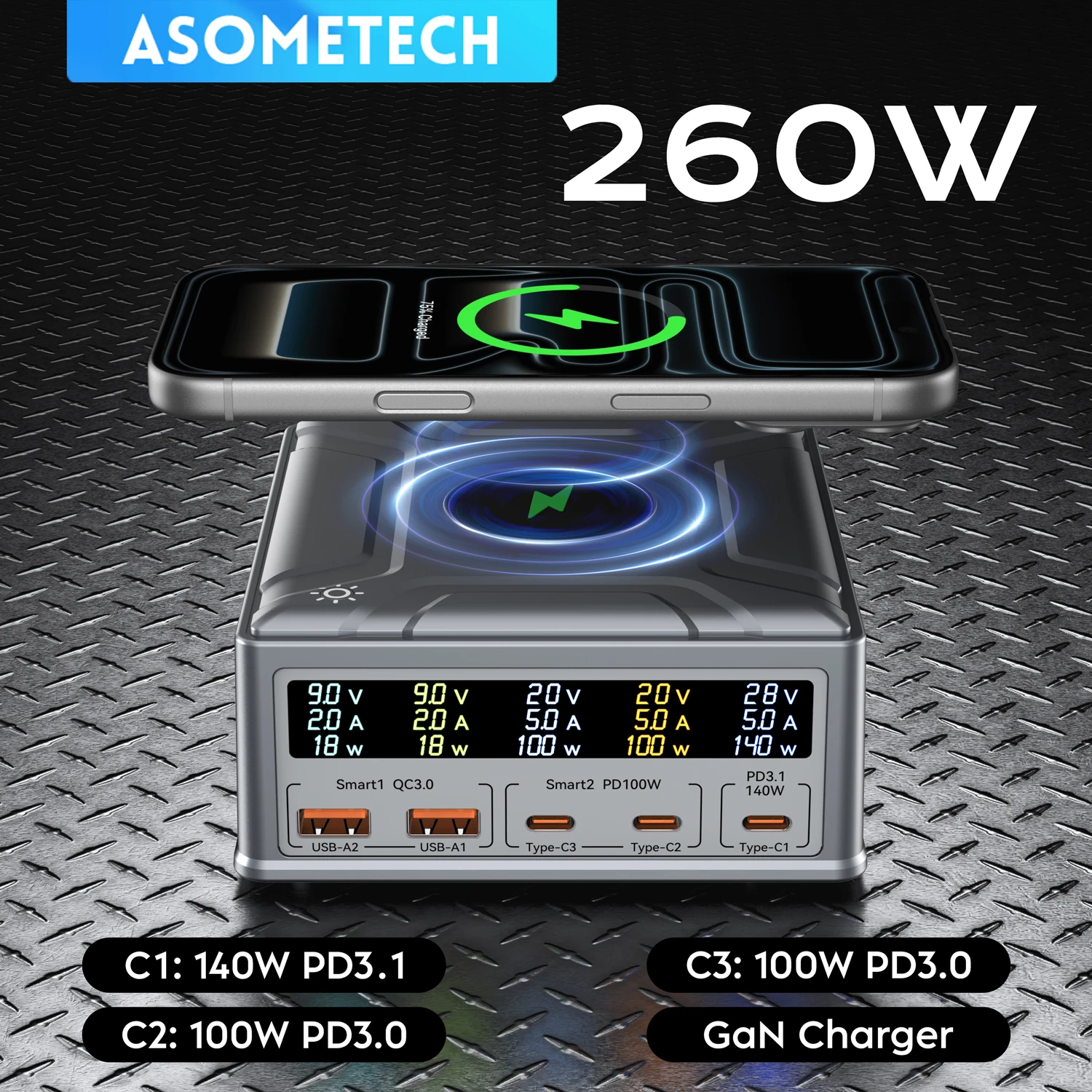 260W GaN USB C Charger Digital Display Desktop USB Type C Charger 140W PD3.1 PPS QC4.0 Wireless Charger For Laptop Tablet Phone