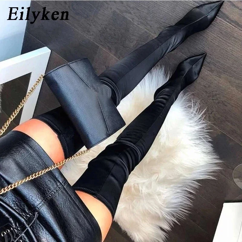 

Черные сапоги до бедра Eilyken, эластичные эластичные сапоги выше колена, женские пикантные сапоги-носки на тонком каблуке, Mujer