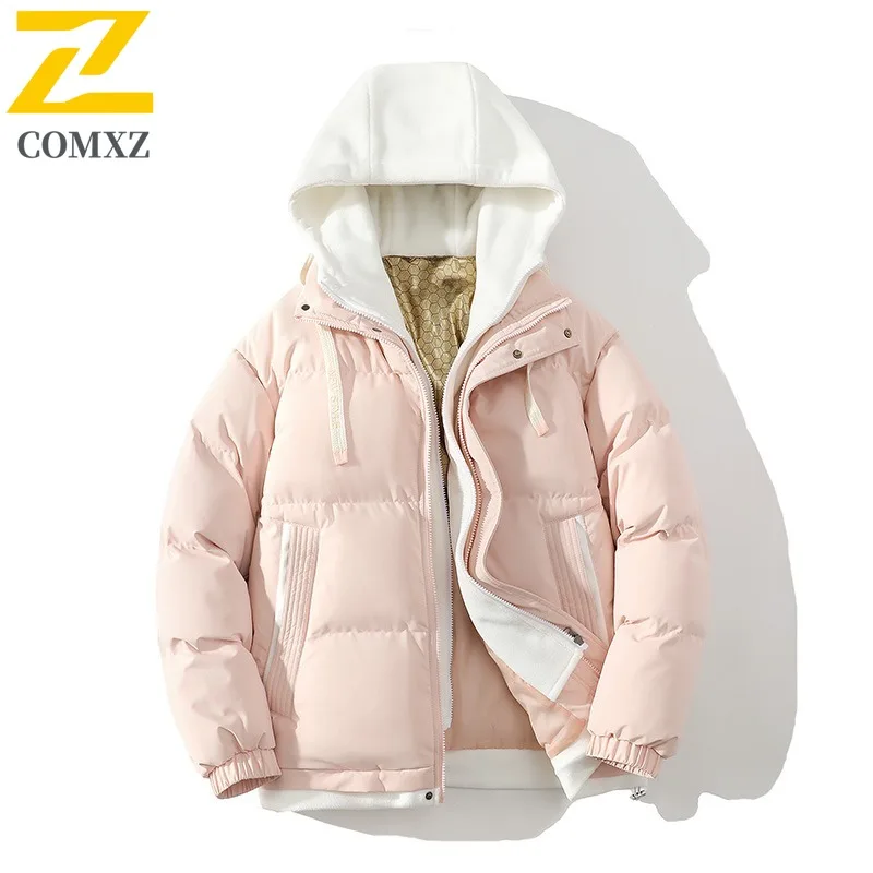 เสื้อแจ็คเก็ตบุผ้าฝ้ายแฟชั่นผู้ชายปี 2025 แบบสองชิ้นหลอกๆ สไตล์ลำลองสำหรับคู่รัก ใส่เที่ยวกลางแจ้ง อุ่นสบาย สไตล์ฮาราจูกุ เสื้อผ้าผู้ชาย