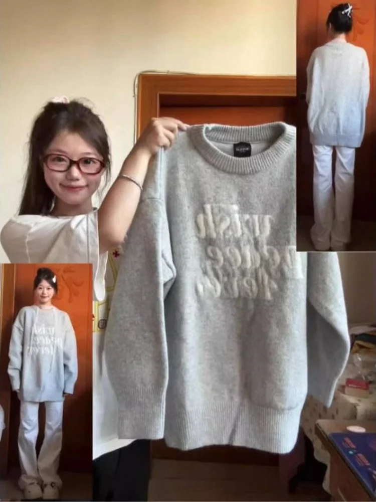 

Gray Knitted Loose Fit round Neck Sweater Women's Spring Casual Style Soft Warm Long Sleeve Top American Retro Letter Embroidery