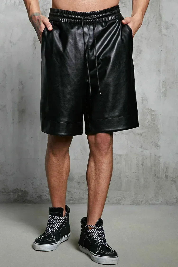 Men Faux Leather Shorts Pants PU 2024 New Casual Male Summer Drawstring Elasticated Waist Punk Style Fashion Black Cloth