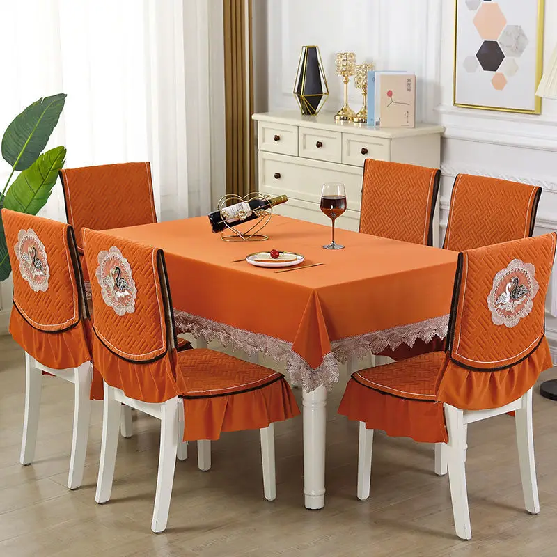 

Premium Chinese Style Swan Embroidered Dining Chair Cover Tablecloth Set Fashion Pure Color Home Tablecloth Living Room Decor