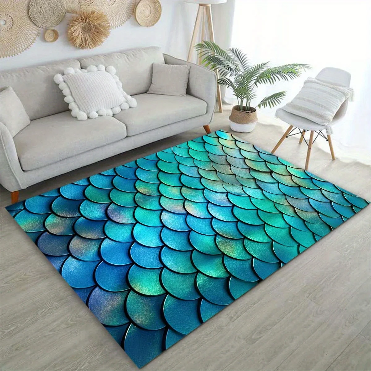 

Iridescent Mermaid Scale Themed Rug, Anti-Slip Mat with Shimmering Blue Fish Scale Design for Living Room & Bedroom