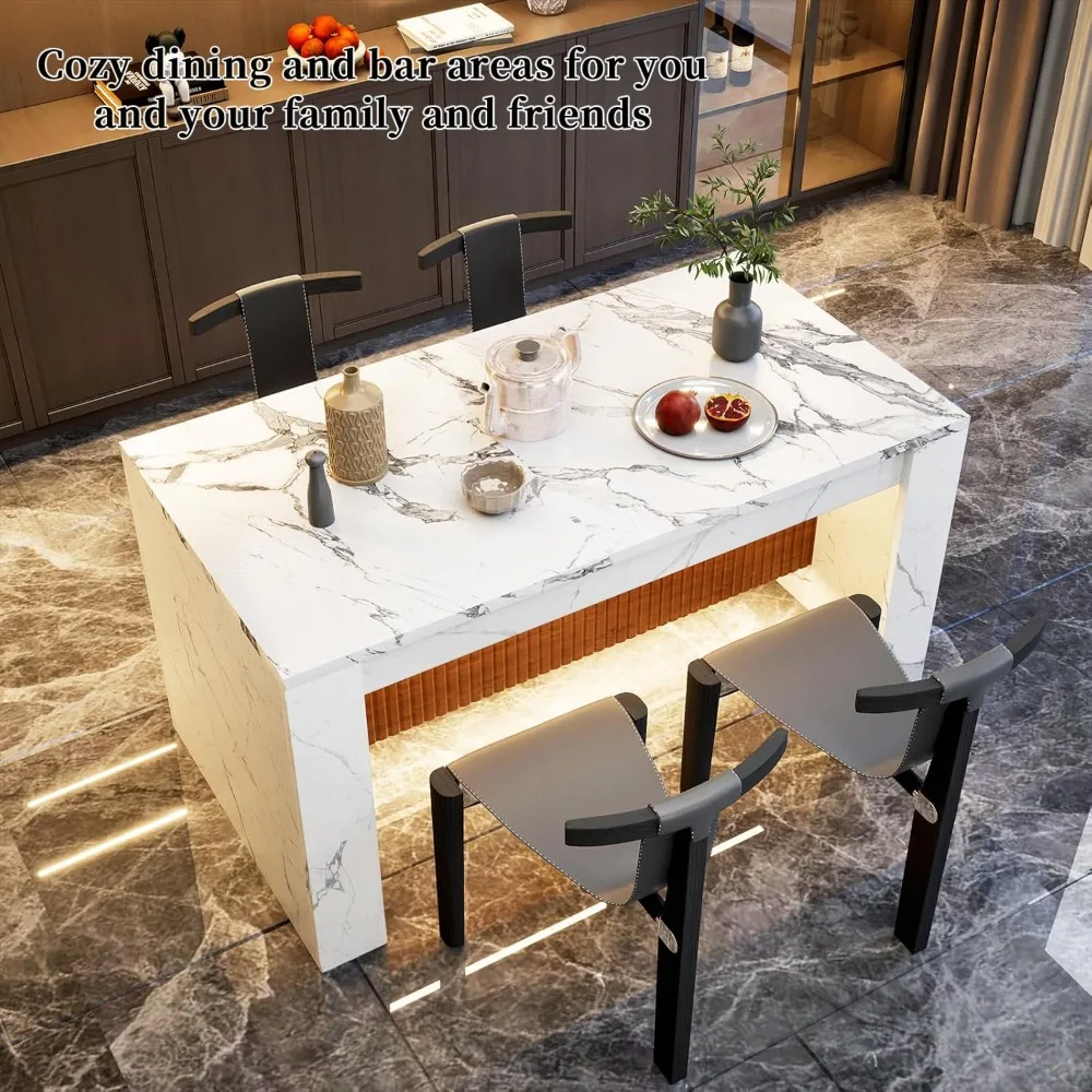 Rectangular Faux Marble Dining Table, 63 Island with LED Lighting, Seats 4-6, Modern Marble Striped Kitchen Dining