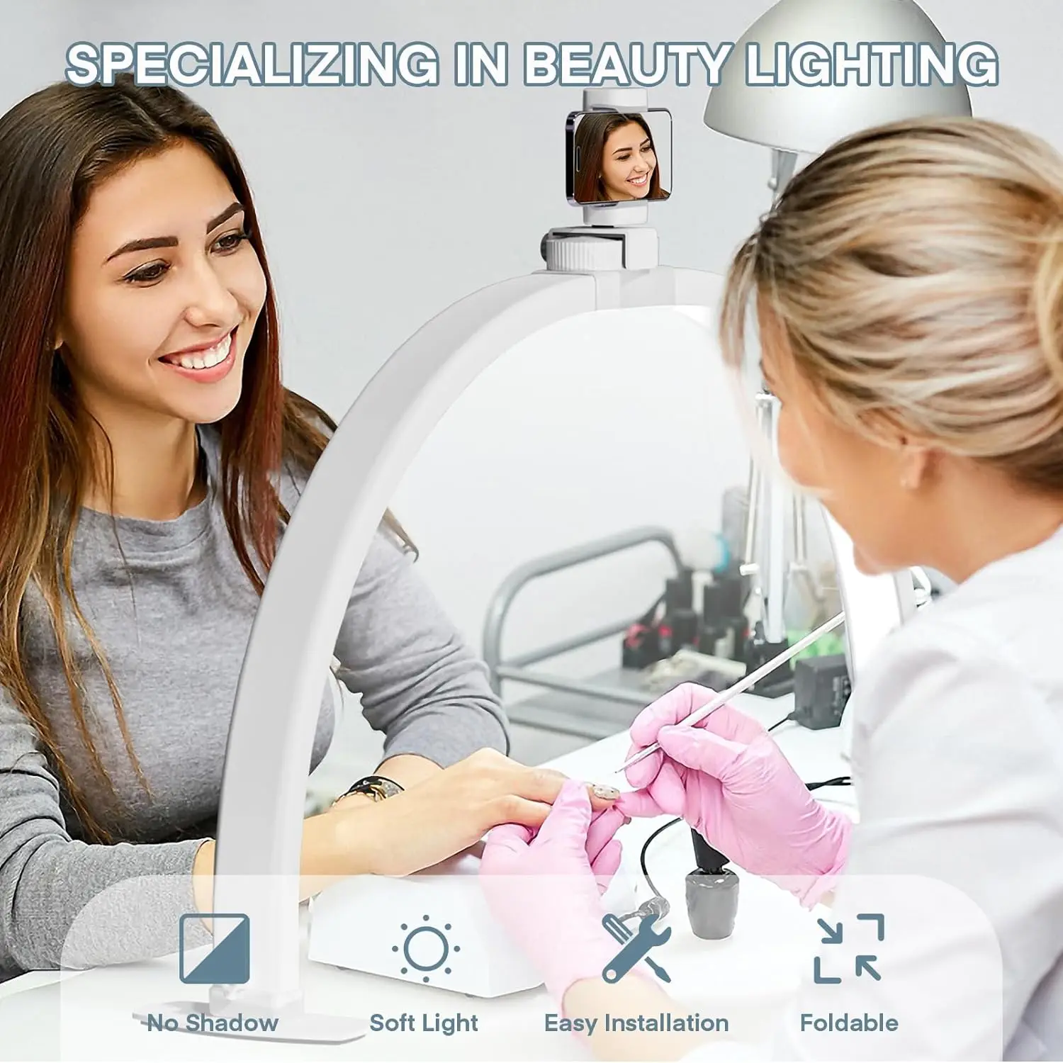 Lumière LED demi-lune pour Nail Tech, grand arc pliable de 23/29 pouces pour lampe de bureau à ongles avec support de téléphone pour Salon de manucure