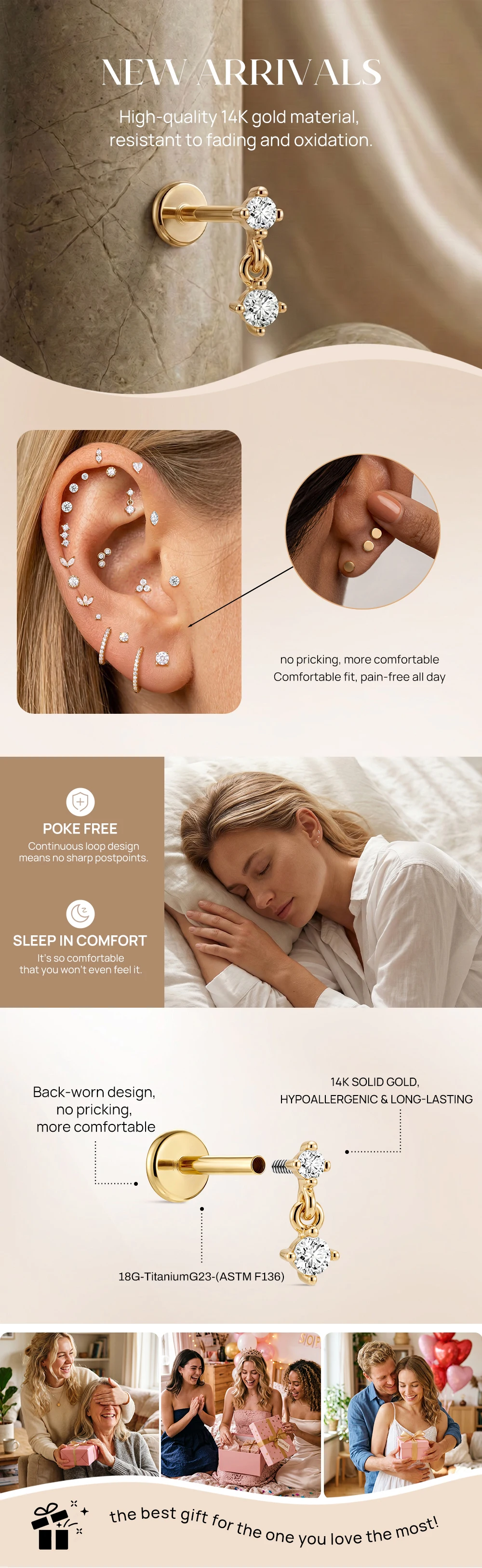 AIDE Mini-Piercing-Ohrringe aus 14-karätigem massivem Gold, glänzend, Herz-/rund-/sternförmig, für Damen, in verschiedenen Größen, klassischer Hochzeits- und Brautschmuck, luxuriöser Schmuck – Detail 7