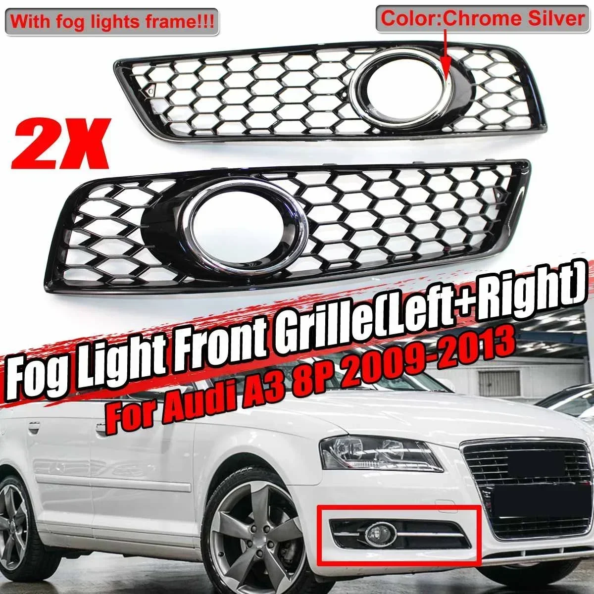 2PCS Car Front Grille Honeycomb Grille Cover Mesh Grill For Audi A3 8P 2009-2013 8P0807682D Fog Light Grille Cover