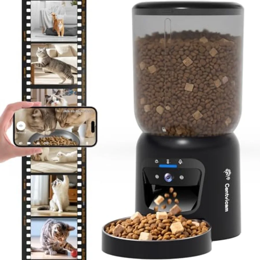 

Automatic 2K HD:5G WiFi Automatic Dog Night Vision, Auto Cat Food Dispenser with 6L Large Food Storage for Multiple Pet, Detach
