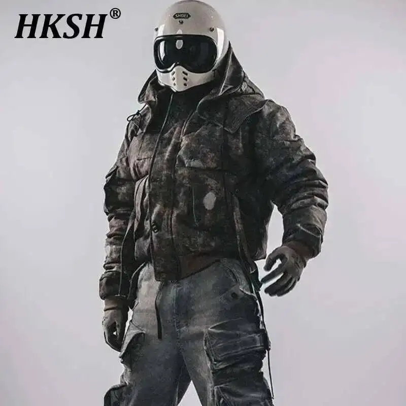 

HKSH Retro Short Hooded Detachable Men's Tide Punk Techwear Autumn Winter New Down Jacket High Street Padded Cotton Coats HK3371