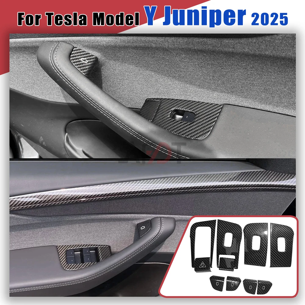 

Для Tesla Model Y Juniper 2025 года, панель управления окном автомобиля из настоящего углеродного волокна, кнопка, декоративная наклейка, дверной переключатель, накладка на рамку, крышка
