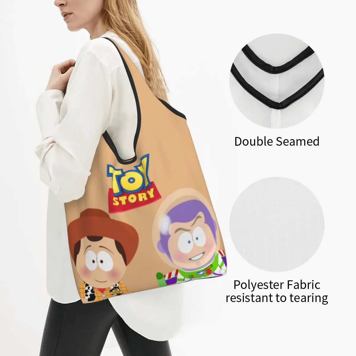 Custom South Park Style Anime Toy Story Woody Buzz Lightyear Shopping Bag Women Tote Bag Portable Movie Grocery Shopper Bags