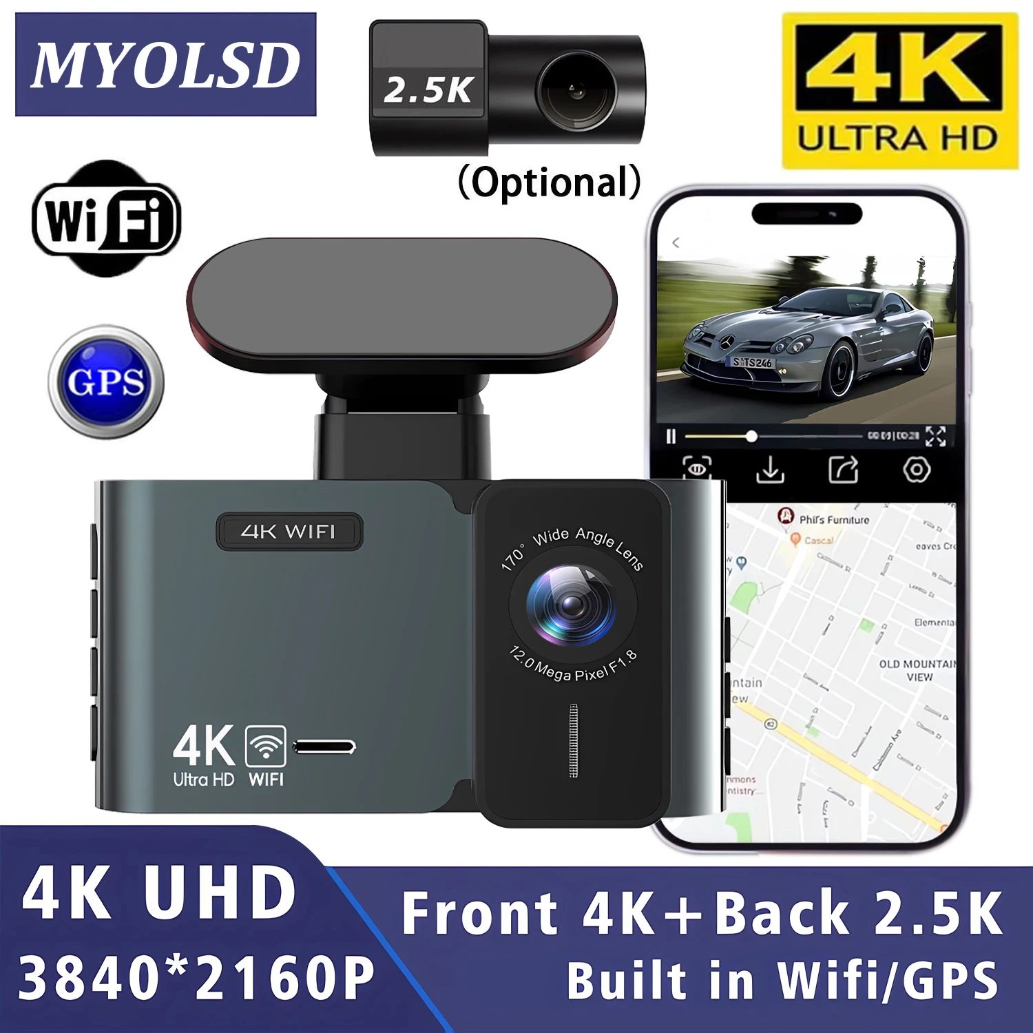 4K Dashcam Buiil-in WIFI Video Recorder CAR DVR Support GPS Dual Lens Rear 2.5K Car Camera 24H Parking Night Vision Black Box