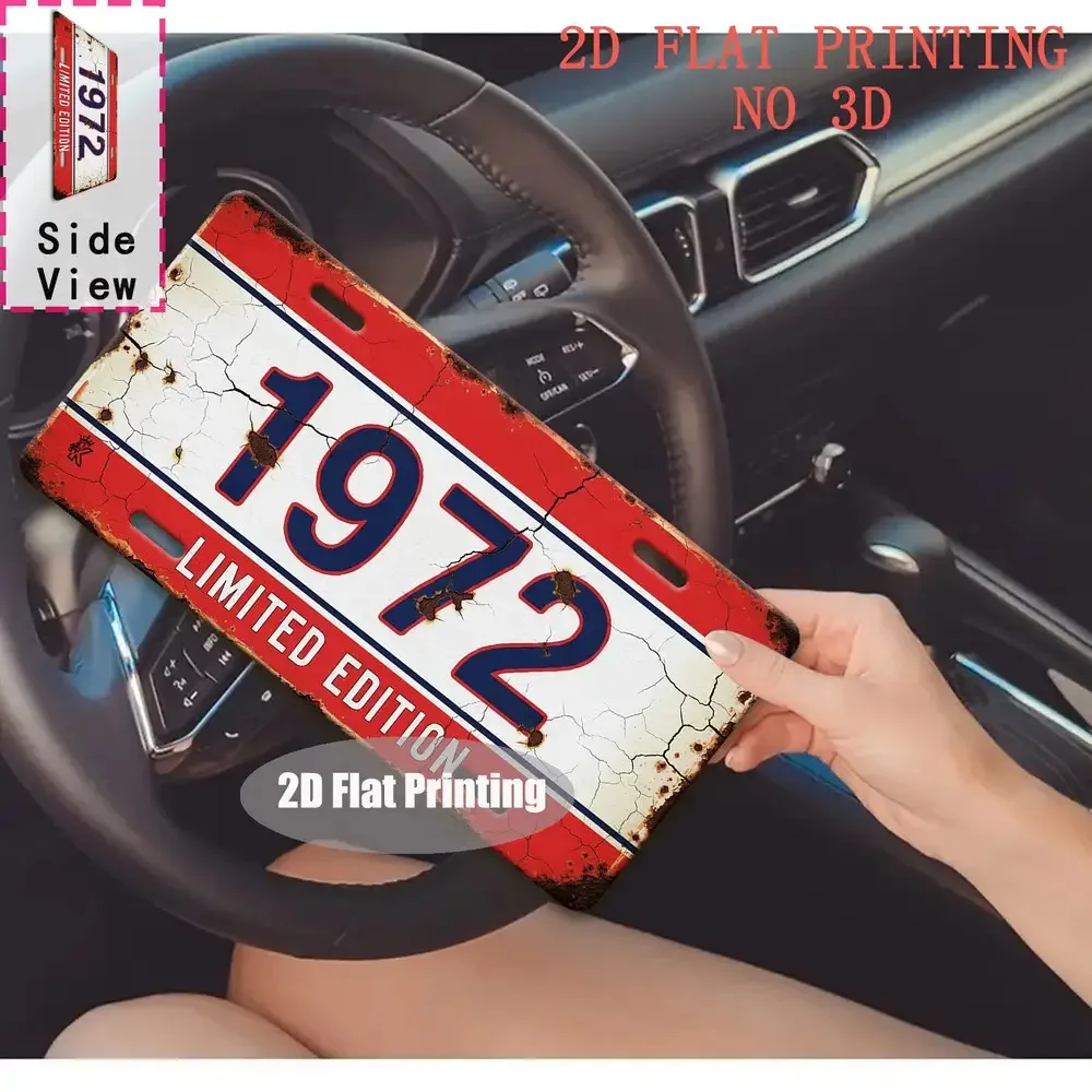 1972 Limited Edition Red White Retro 2D Flat Printing License Plate Style Metal Tin Sign, Vintage Year Themed Decorative Aluminu