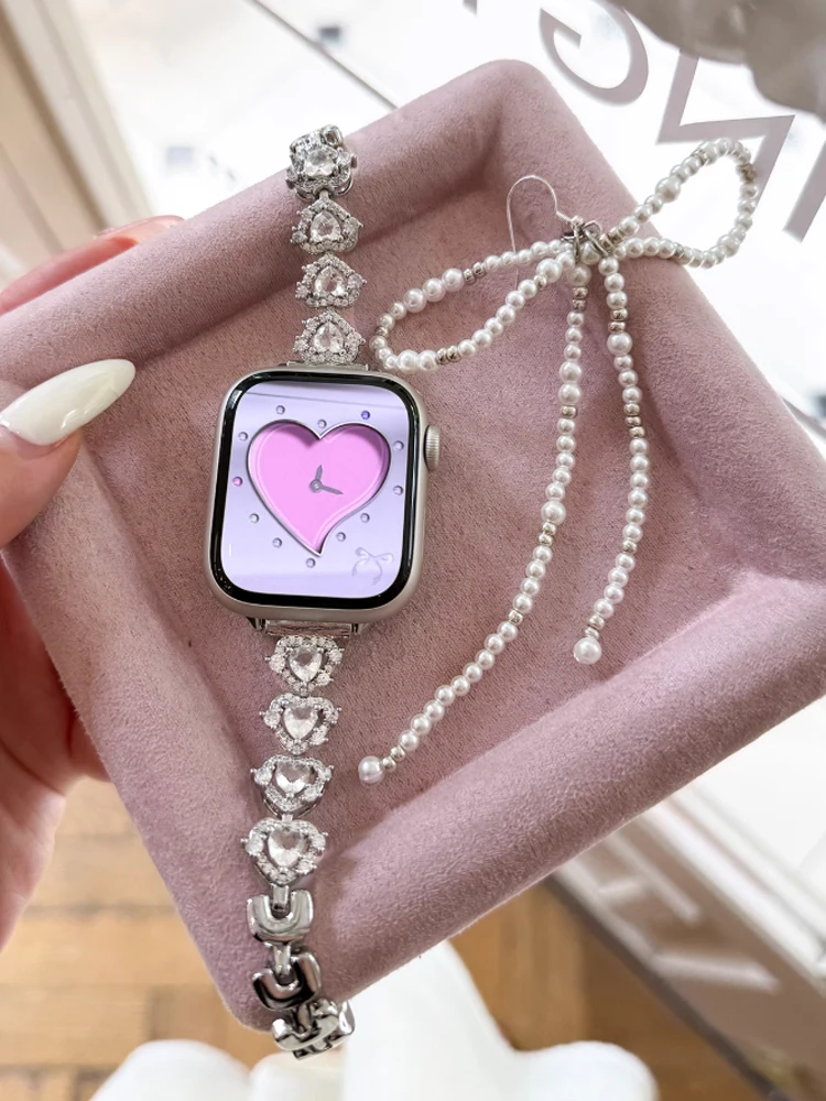 الحب القلب الماس الفرقة ل iWatch الترا 10 9 8 7 6 5 Se 4 المعادن امرأة حزام ل أبل ساعة 38 مللي متر 40 مللي متر 41 مللي متر 42 مللي متر 45 مللي متر 46 مللي متر 49 مللي متر