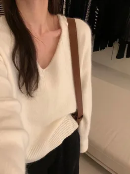 2024 Wiosna/Jesień Nowy Kaszmirowy Sweter Damski Dekolt V Europejski Amerykański Luksusowy Pulower 100% Czysta Wełna Sweter z dzianiny