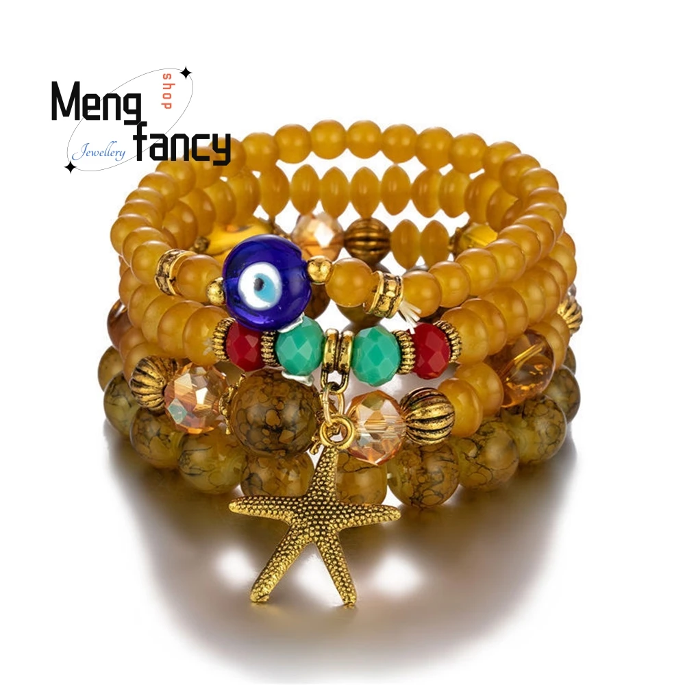 

Mixed And Matched Metal Starfish Pendant, Devil's Eye Multi-layer Bracelet, European And American Ethnic Style Bohemian Jewelry