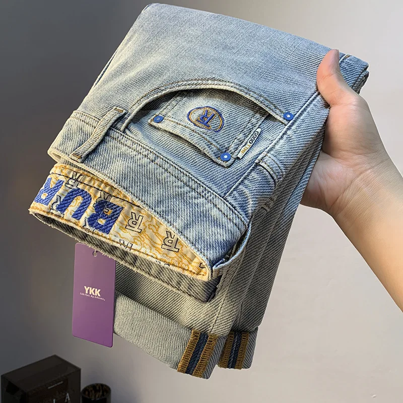 

2025 New Jeans Men's Vintage Distressed Embroidery Pencil Pants Summer American Fashion Brand Casual Trousers