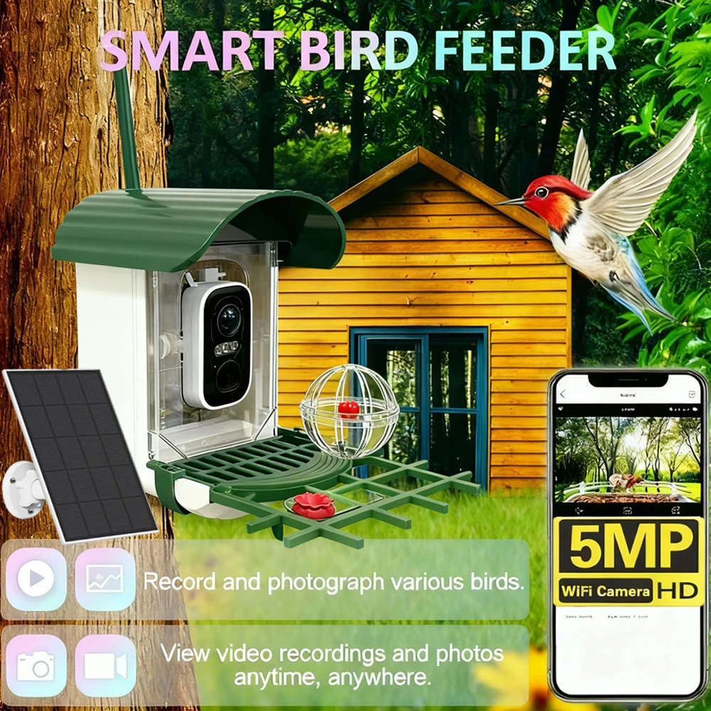 

1.5L Outdoor Smart Bird Feeder 5MP HD AI Recognition Solar Low Power Extra Long Standby Full Color Night Vision Pet Products