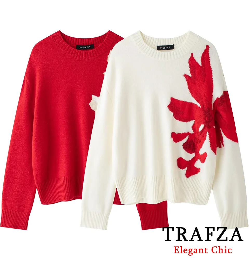 TRAFZA Fashion Women Contrasting Knitted Sweater Golden Scale Flower Jacquard Embroider Sweater New Fall Winter Casual Sweater