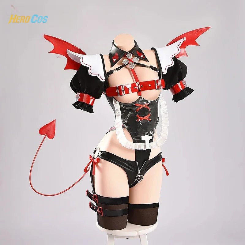 제나 코스프레 의상 작은 악마 메이드 점프수트 헤드웨어 날개 꼬리 할로윈 카니발 파티 의상 여성용 HERO 코스